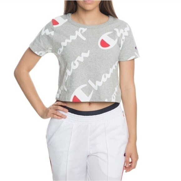 Champion Heritage Athletic Gray All Over Script Logo Crop Top T Shirt Medium - Picture 2 of 10